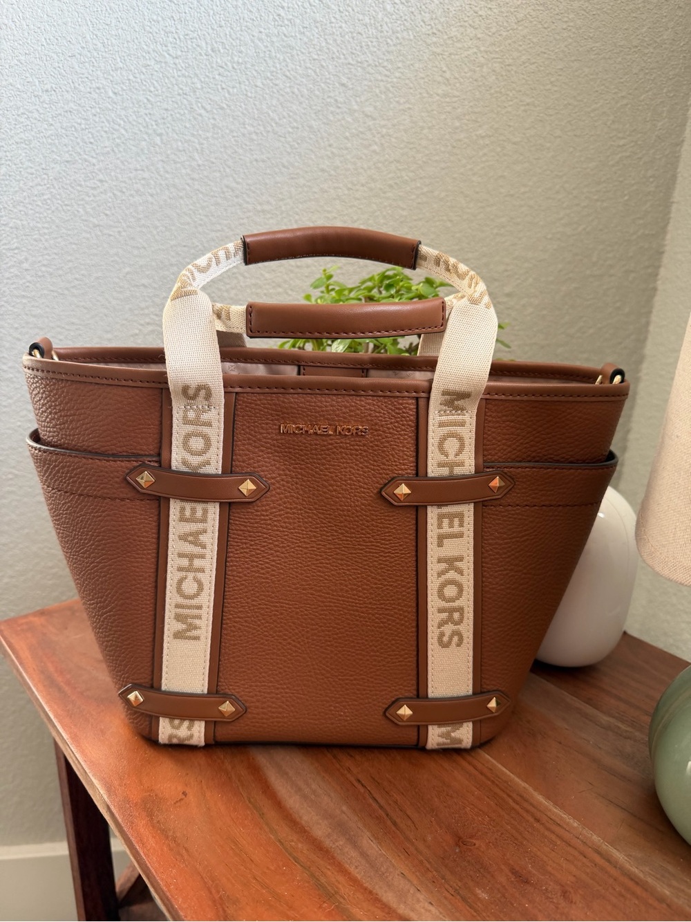Michael Kors Tan Pebbled Leather Tote with Logo Canvas Straps